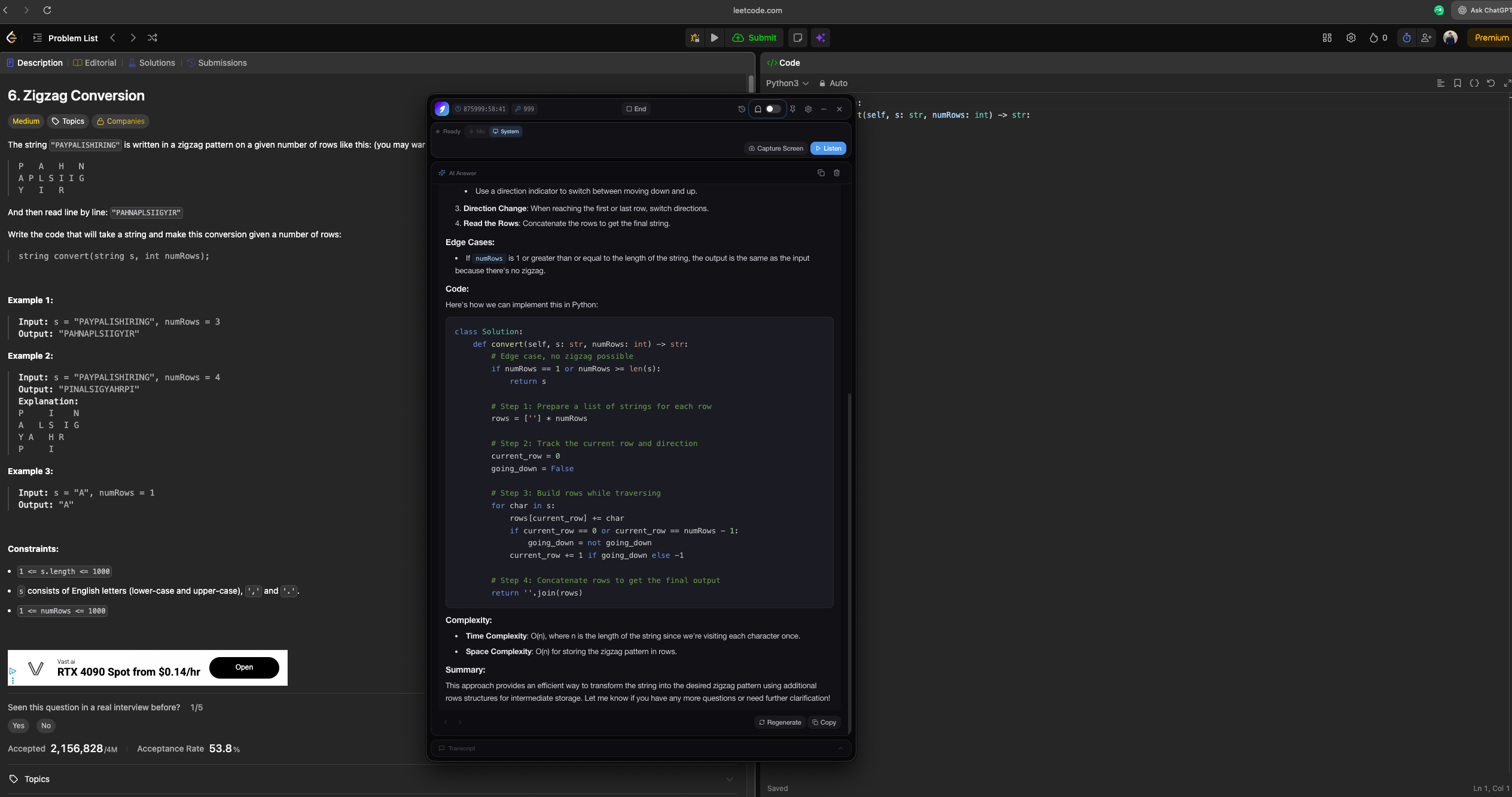 Your screen with the Myna overlay: LeetCode problem in the background and Myna showing guidance and code suggestions.
